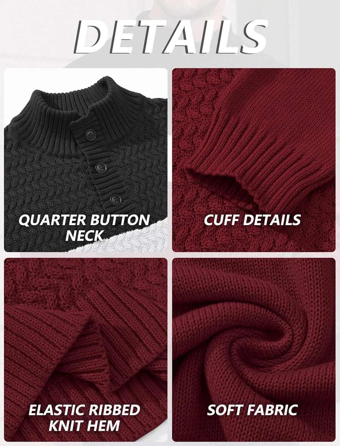 HYPESTFIT Men's Tri-Button Pullover Sweater Mock Neck Lightweight Casual Fashion Knitted Henley Sweater