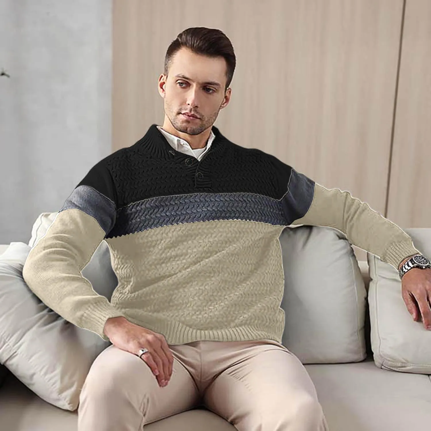 HYPESTFIT Men's Tri-Button Pullover Sweater Mock Neck Lightweight Casual Fashion Knitted Henley Sweater