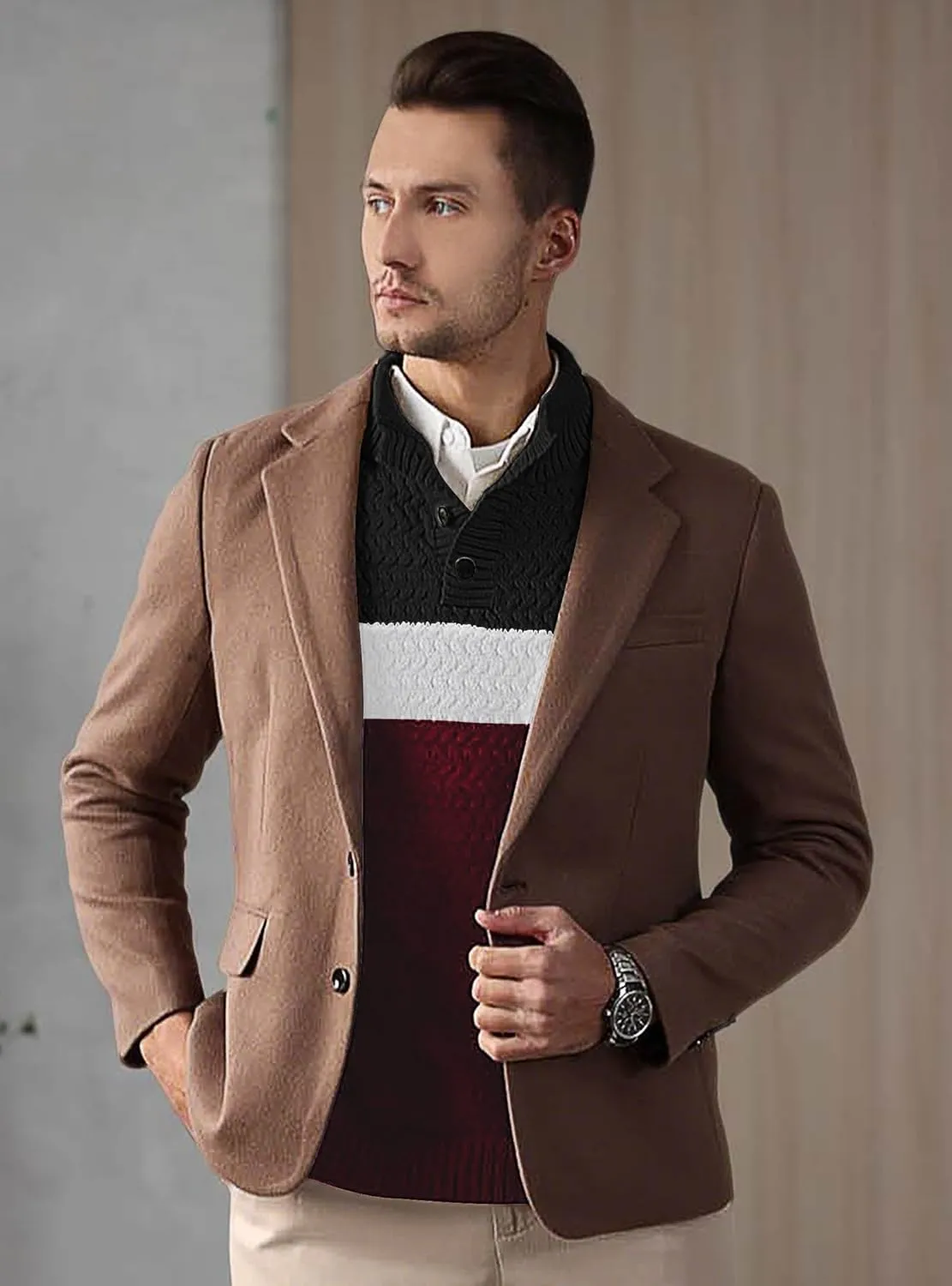 HYPESTFIT Men's Tri-Button Pullover Sweater Mock Neck Lightweight Casual Fashion Knitted Henley Sweater