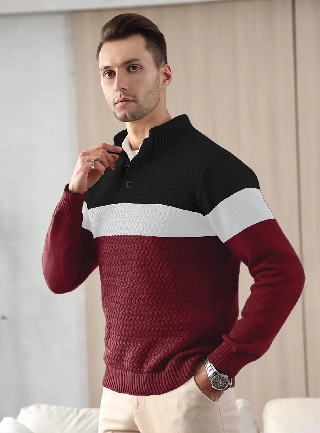 HYPESTFIT Men's Tri-Button Pullover Sweater Mock Neck Lightweight Casual Fashion Knitted Henley Sweater