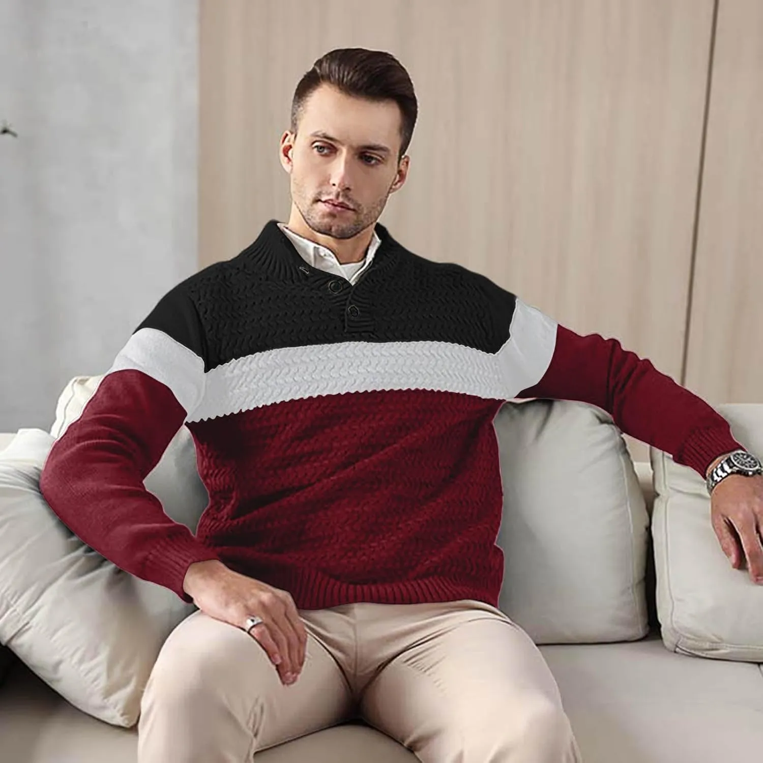 HYPESTFIT Men's Tri-Button Pullover Sweater Mock Neck Lightweight Casual Fashion Knitted Henley Sweater