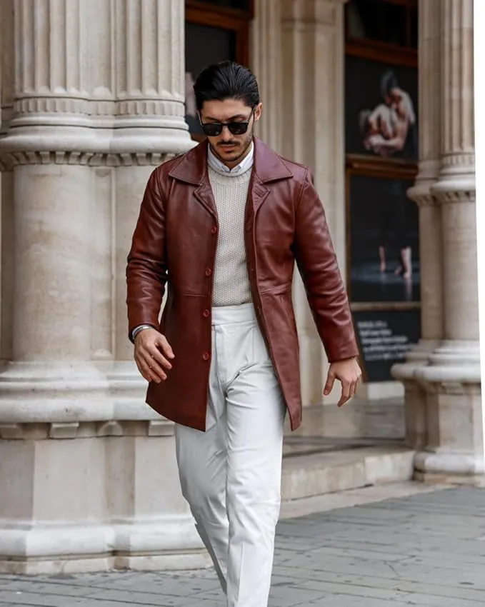 Leather Coat Men  Carcoat Style Winter Classic Long Real Leather Jackets For Men