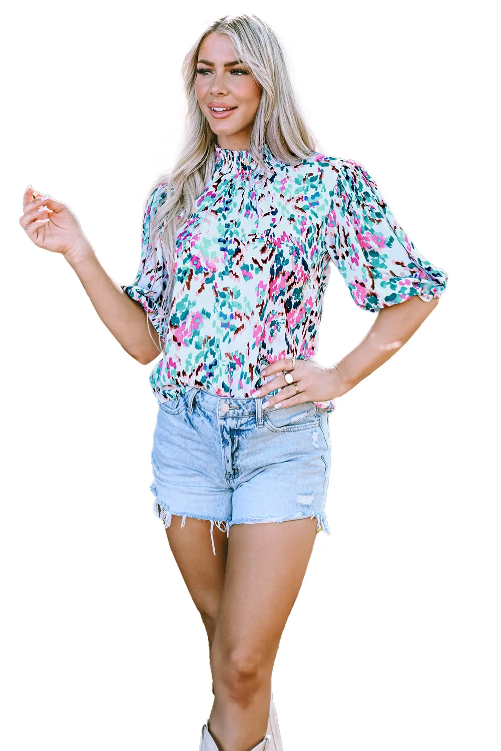 Light Blue Abstract Print Puff Sleeve Mock Neck Blouse