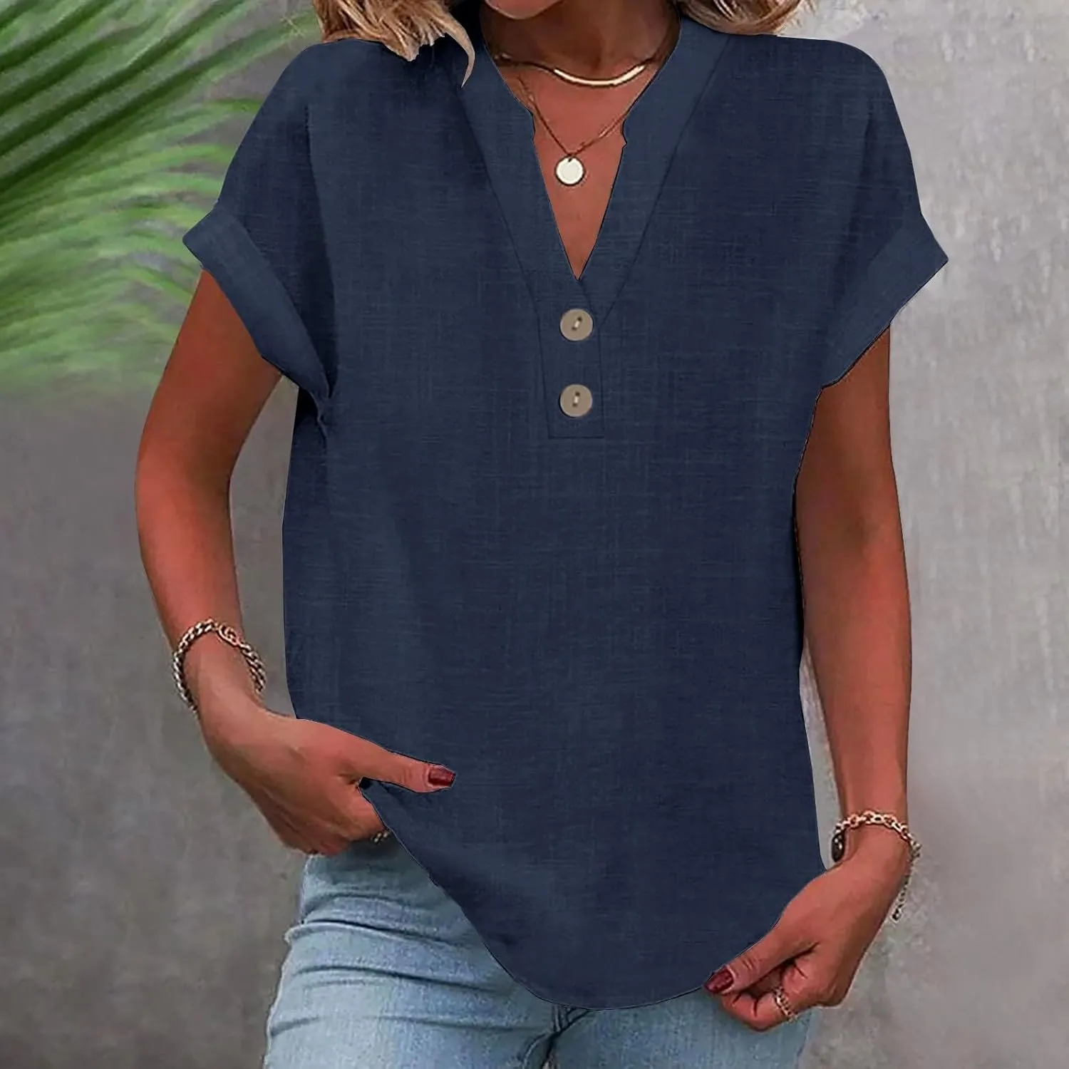 Linen Shirts for Women 2025 Summer Casual Button Down V Neck Short Sleeve Tops Comfy Trendy Business Work Blouses