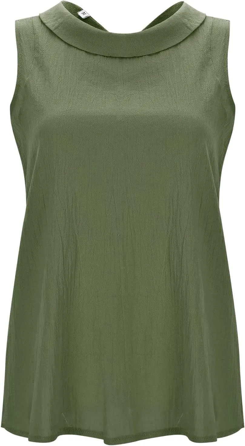 Linen Tops for Women Summer Casual Cotton Sleeveless Tank Tops Lapel Crewneck Tshirt Loose Fit Comfy Blouses Vest