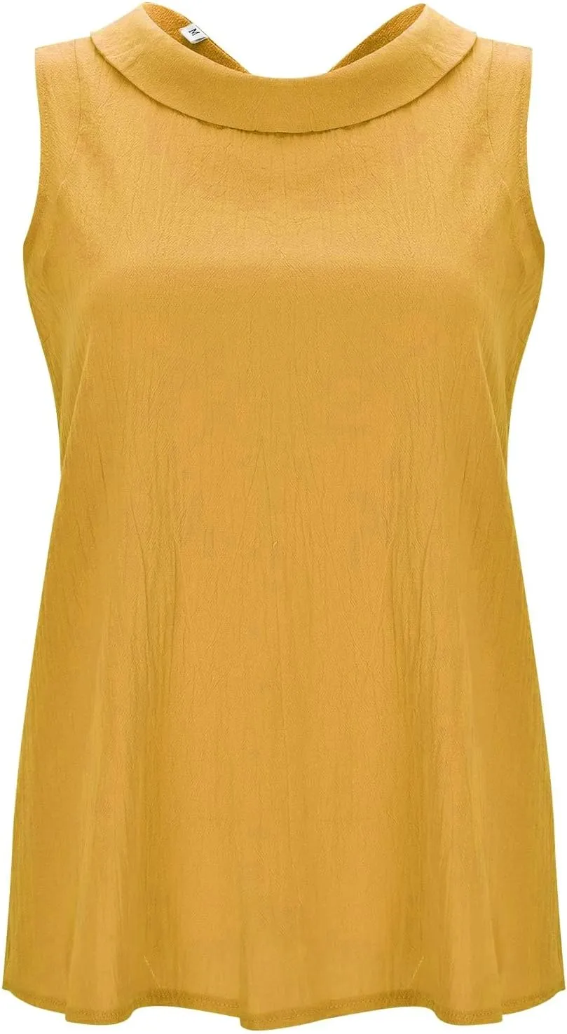 Linen Tops for Women Summer Casual Cotton Sleeveless Tank Tops Lapel Crewneck Tshirt Loose Fit Comfy Blouses Vest