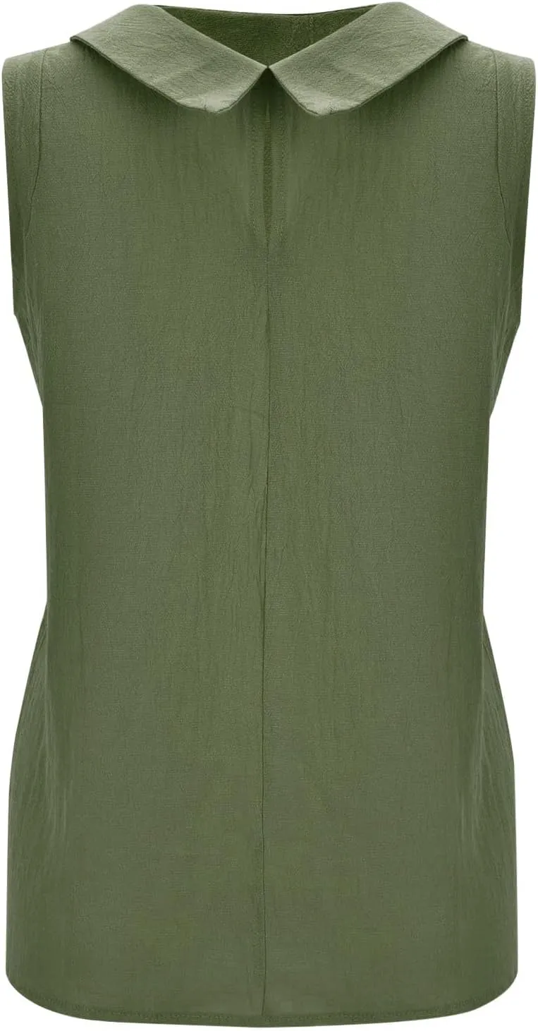 Linen Tops for Women Summer Casual Cotton Sleeveless Tank Tops Lapel Crewneck Tshirt Loose Fit Comfy Blouses Vest