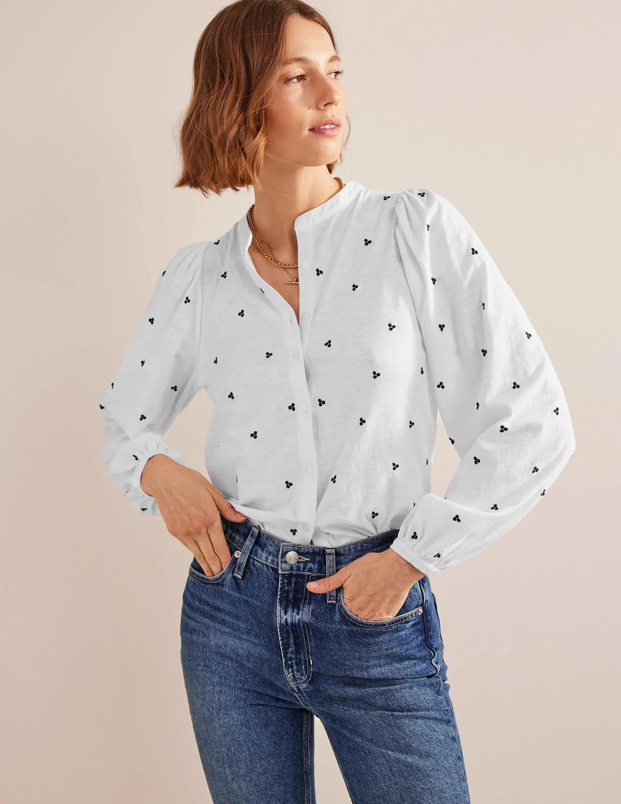 Long Sleeve Embroidered Top-White, Blue Embroidery