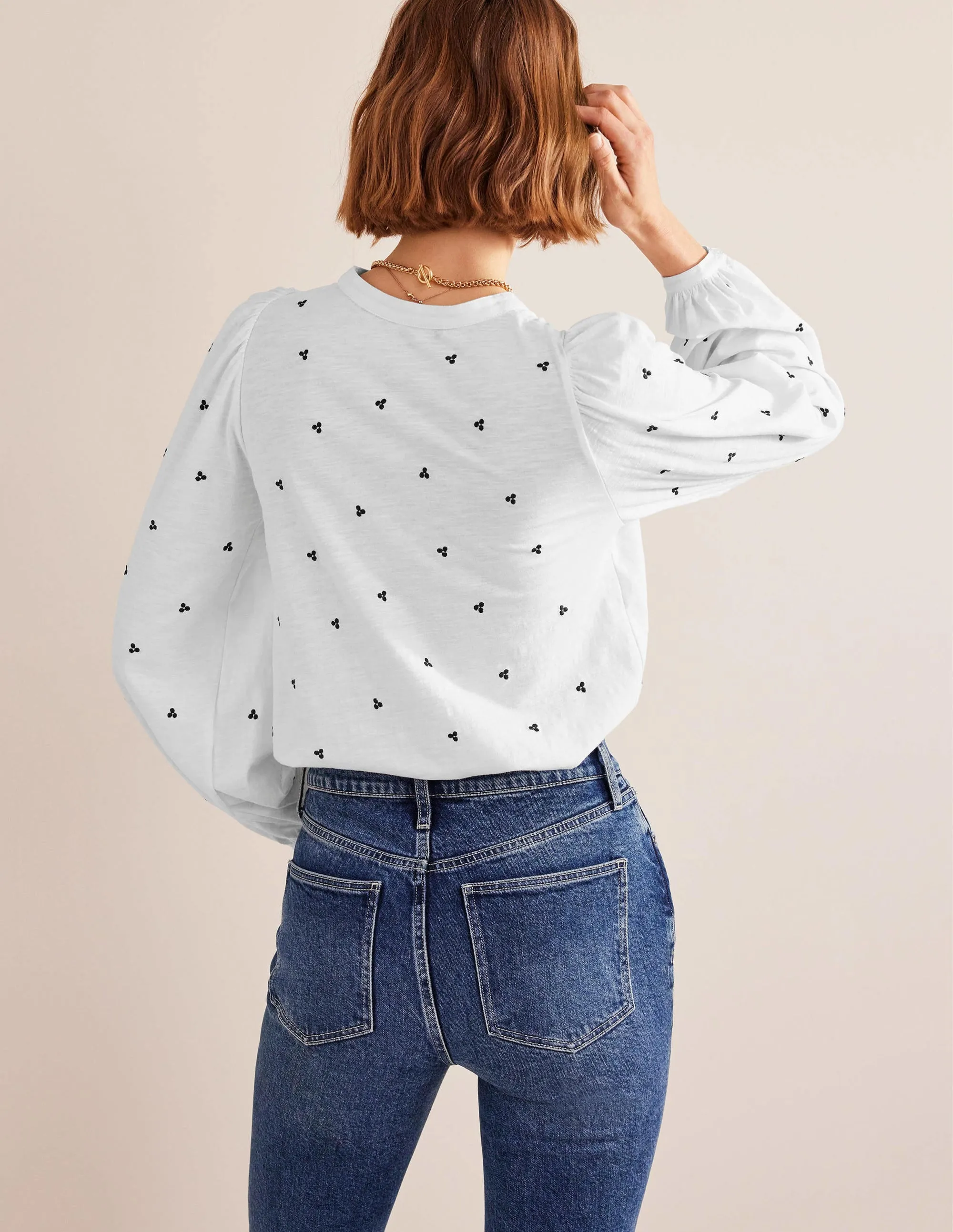 Long Sleeve Embroidered Top-White, Blue Embroidery