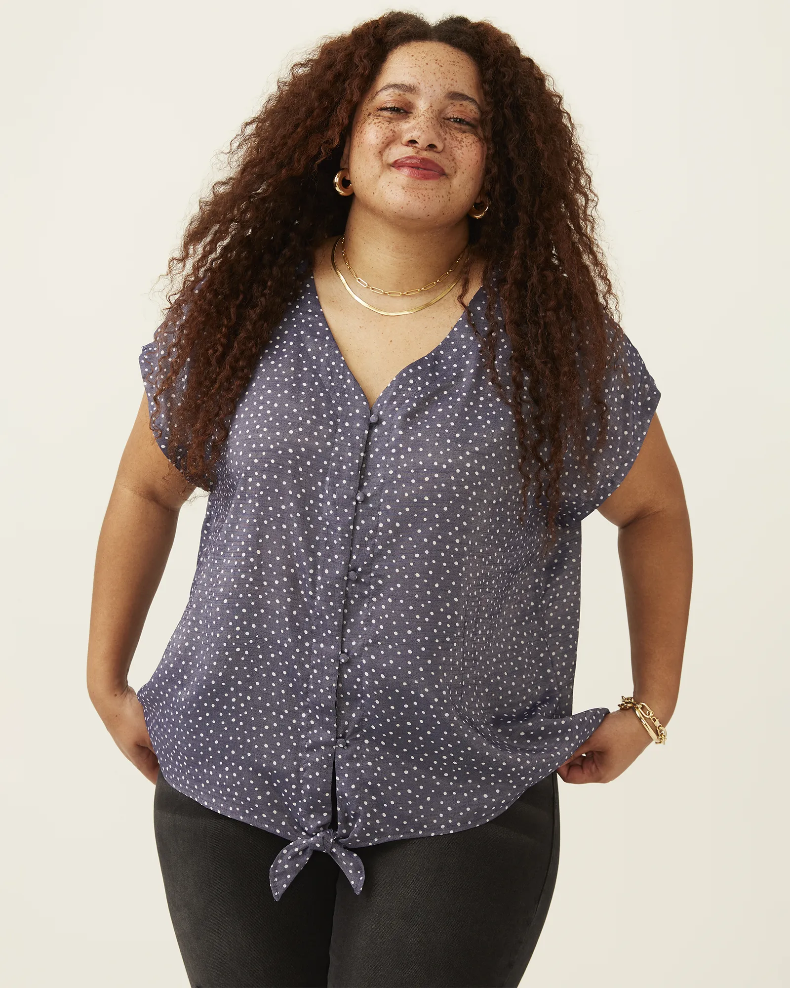 Lucile Button Loop Tie Front Top | Navy