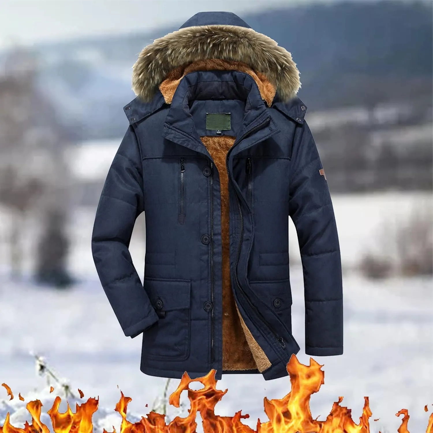 Maryia Mens Parka Jacket Waterproof Winter Hooded Jacket Casual Warm Quilted Coat with Fur Hood Thick Outdoor Outwear
