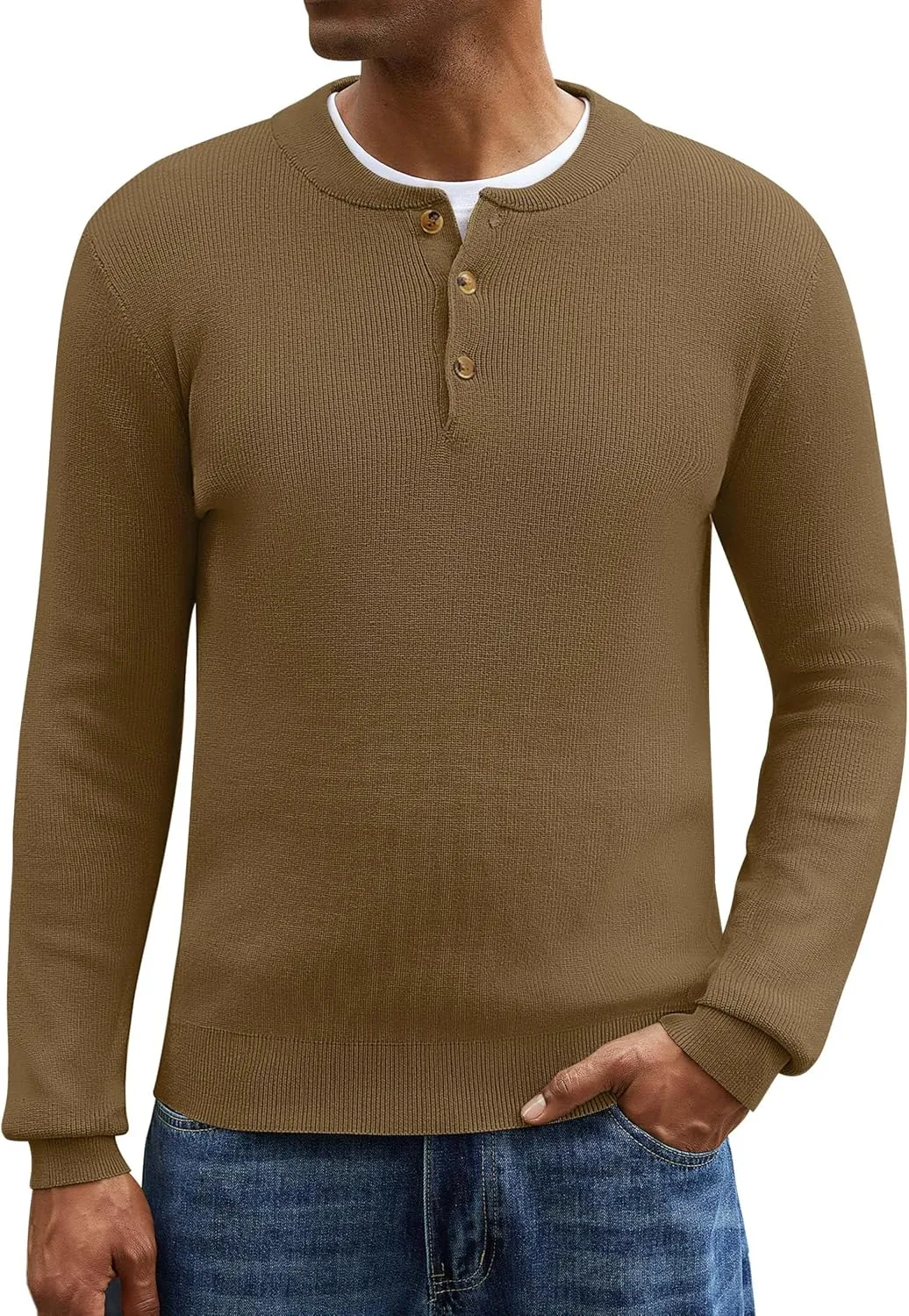 Men Henley Knit Sweater Long Sleeve Button Sweater Casual Pullover Lightweight Slim Fit Tops