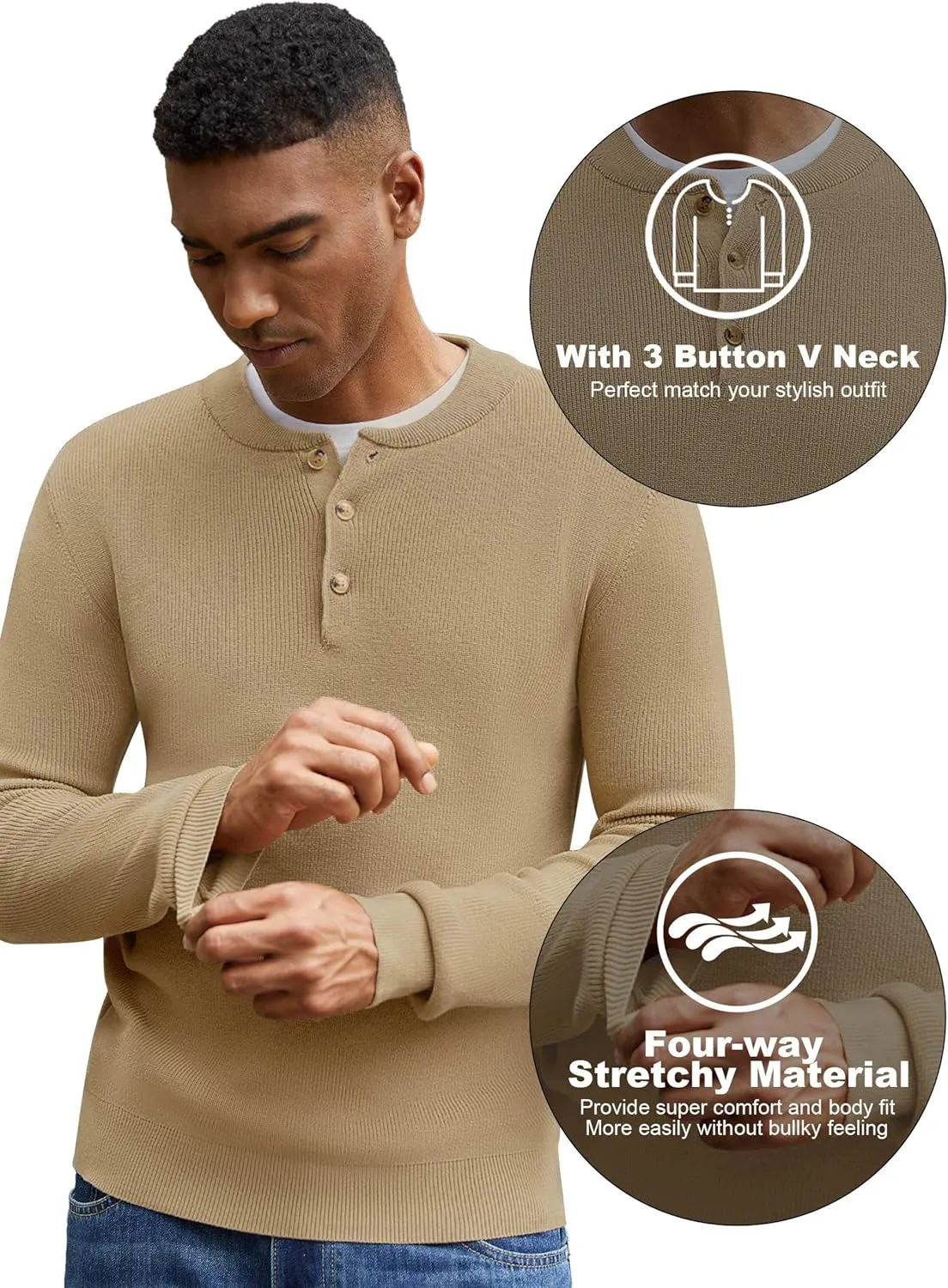 Men Henley Knit Sweater Long Sleeve Button Sweater Casual Pullover Lightweight Slim Fit Tops