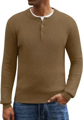 Men Henley Knit Sweater Long Sleeve Button Sweater Casual Pullover Lightweight Slim Fit Tops