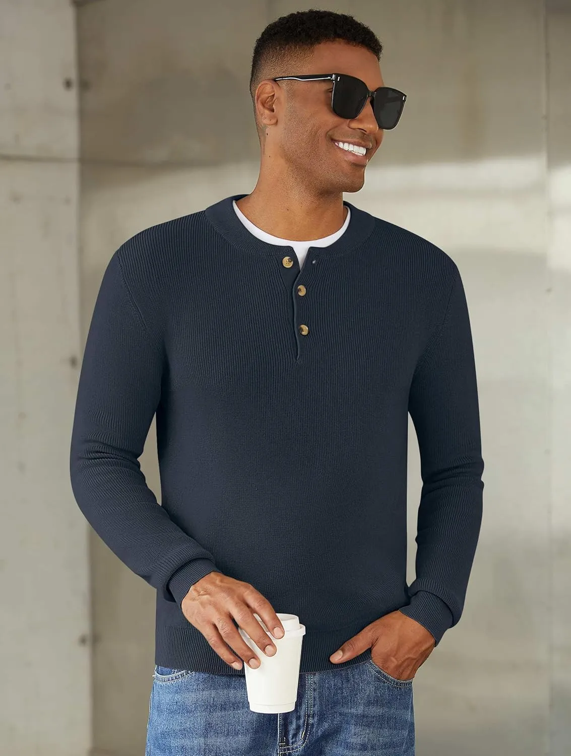 Men Henley Knit Sweater Long Sleeve Button Sweater Casual Pullover Lightweight Slim Fit Tops