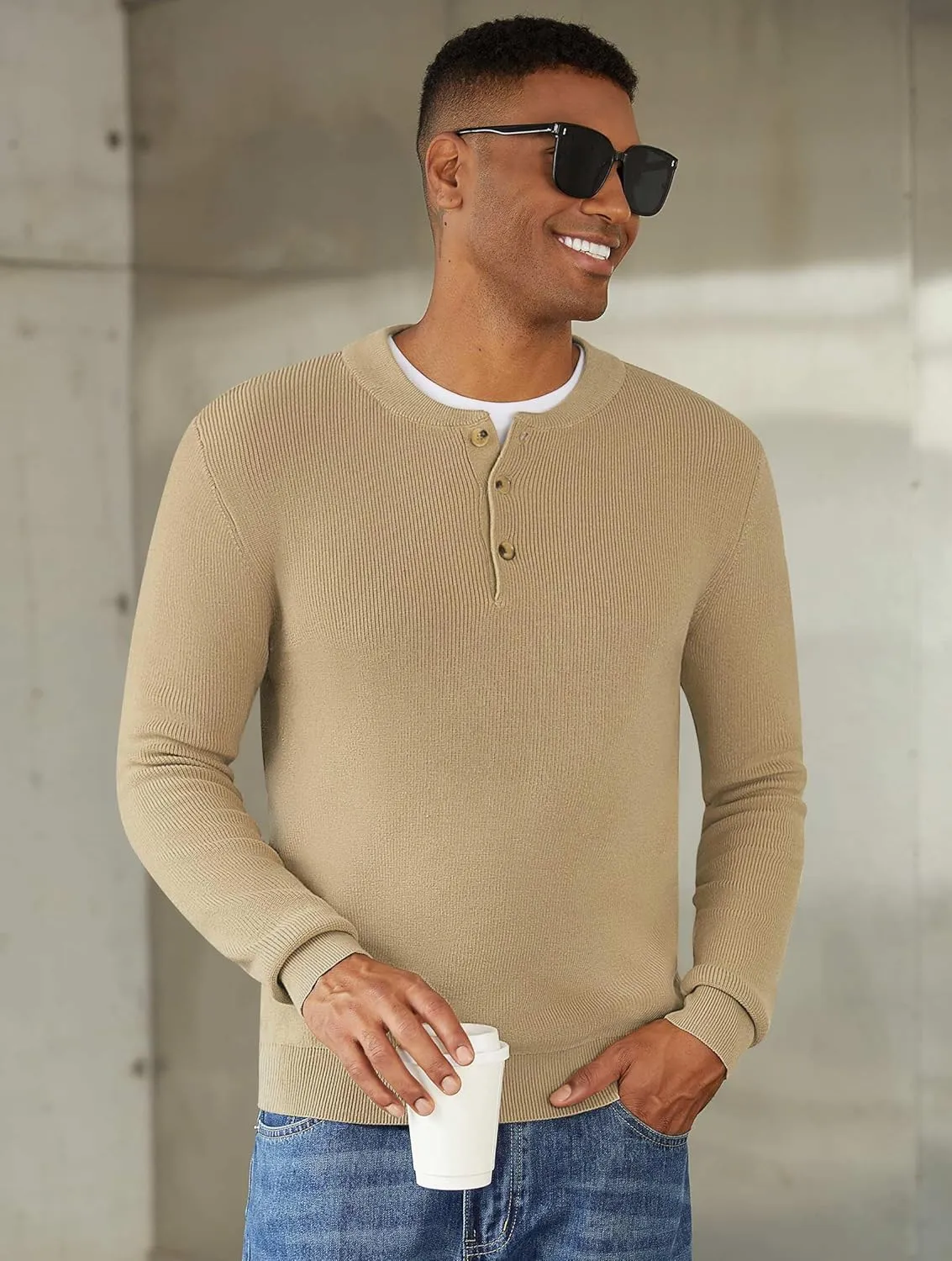 Men Henley Knit Sweater Long Sleeve Button Sweater Casual Pullover Lightweight Slim Fit Tops