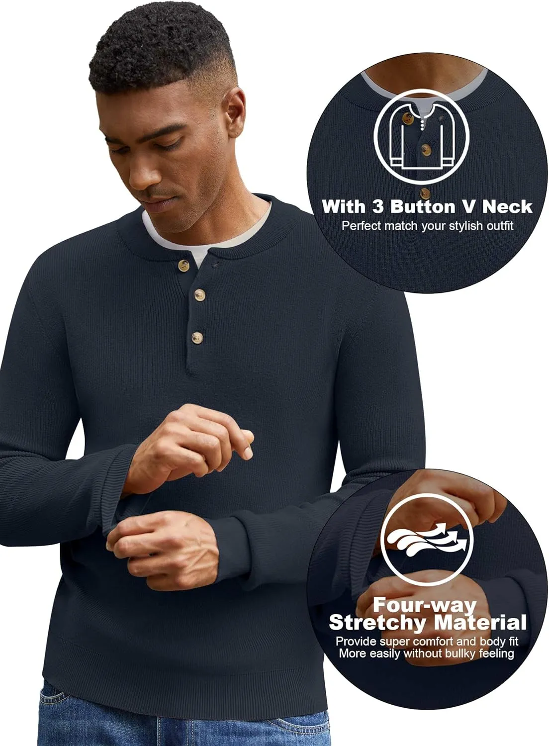 Men Henley Knit Sweater Long Sleeve Button Sweater Casual Pullover Lightweight Slim Fit Tops