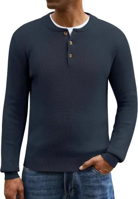 Men Henley Knit Sweater Long Sleeve Button Sweater Casual Pullover Lightweight Slim Fit Tops