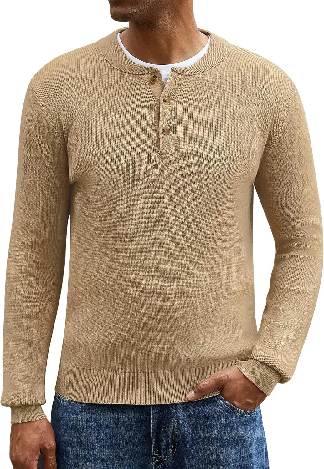 Men Henley Knit Sweater Long Sleeve Button Sweater Casual Pullover Lightweight Slim Fit Tops