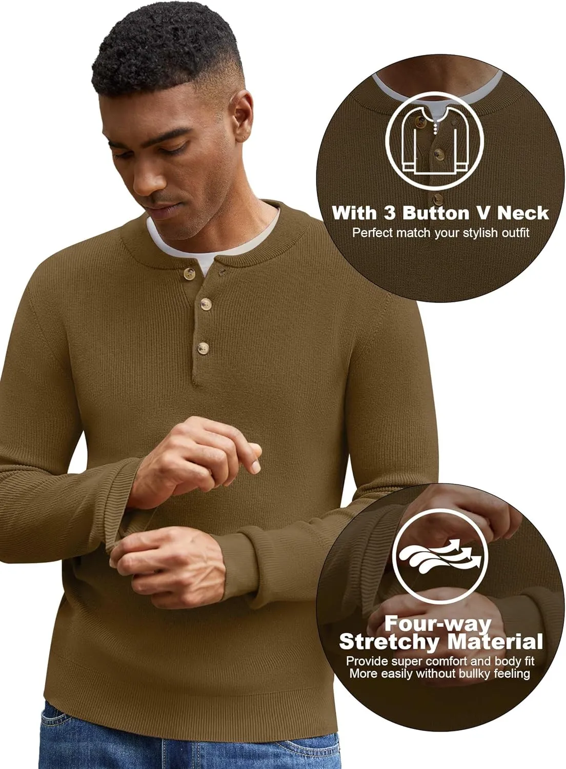 Men Henley Knit Sweater Long Sleeve Button Sweater Casual Pullover Lightweight Slim Fit Tops