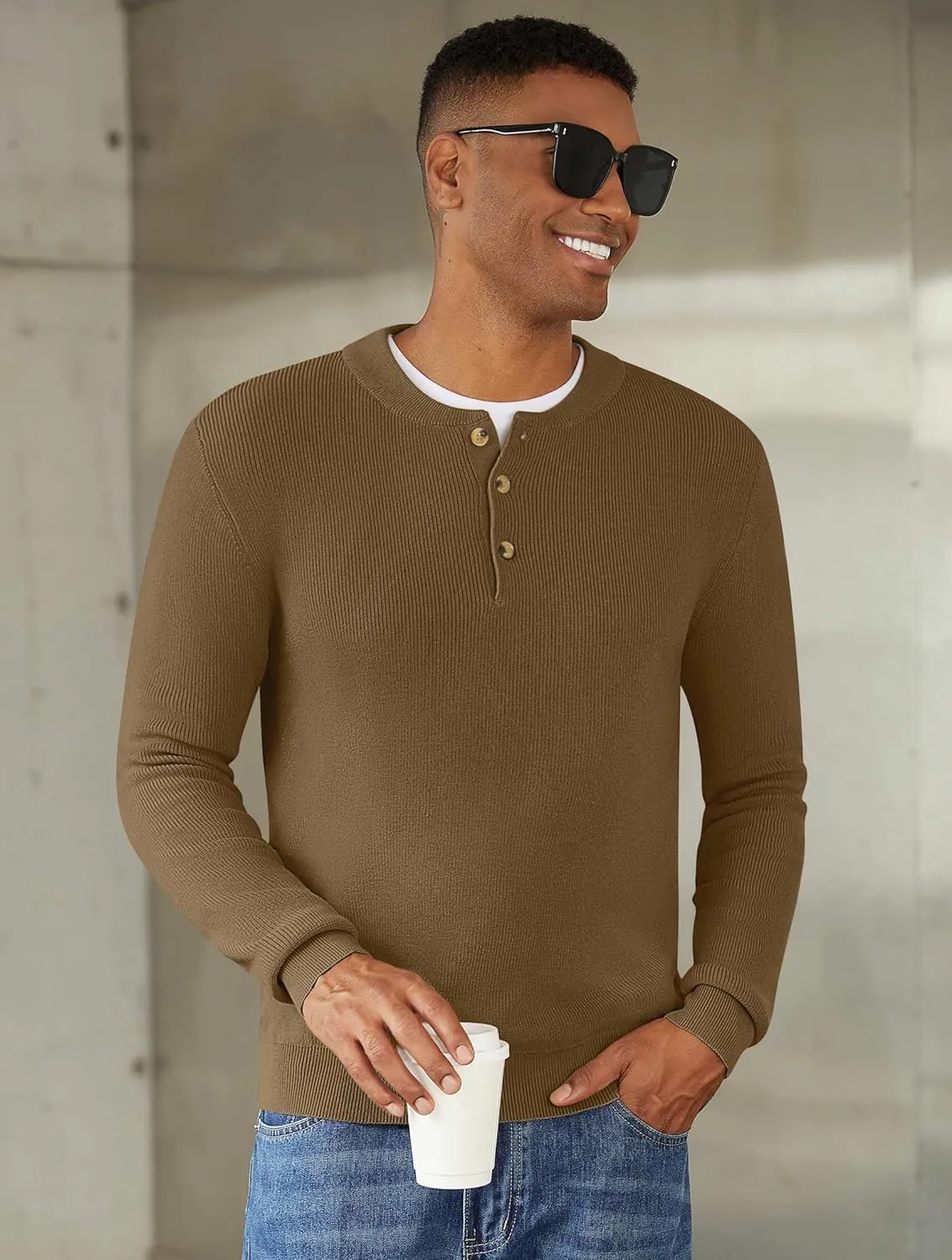 Men Henley Knit Sweater Long Sleeve Button Sweater Casual Pullover Lightweight Slim Fit Tops