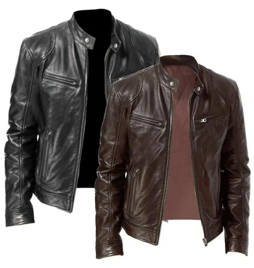 Men Vintage Cool Leather Jacket Fashion Slim Fit Long Sleeve Motorcycle Jacket Autumn Winter New Handsome Stand Collar Club Coat