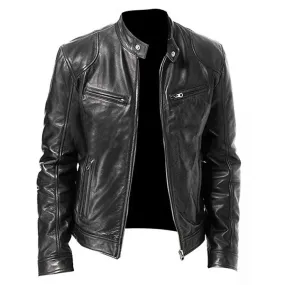 Men Vintage Cool Leather Jacket Fashion Slim Fit Long Sleeve Motorcycle Jacket Autumn Winter New Handsome Stand Collar Club Coat
