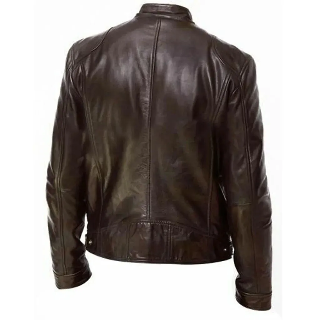 Men Vintage Cool Leather Jacket Fashion Slim Fit Long Sleeve Motorcycle Jacket Autumn Winter New Handsome Stand Collar Club Coat