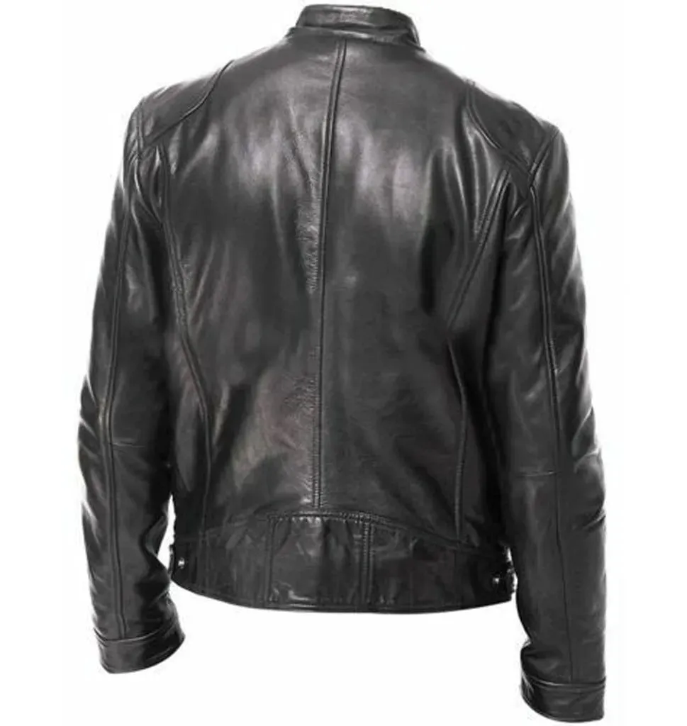 Men Vintage Cool Leather Jacket Fashion Slim Fit Long Sleeve Motorcycle Jacket Autumn Winter New Handsome Stand Collar Club Coat