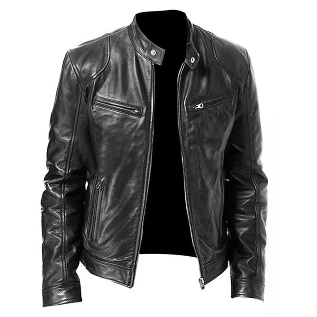 Men Vintage Cool Leather Jacket Fashion Slim Fit Long Sleeve Motorcycle Jacket Autumn Winter New Handsome Stand Collar Club Coat