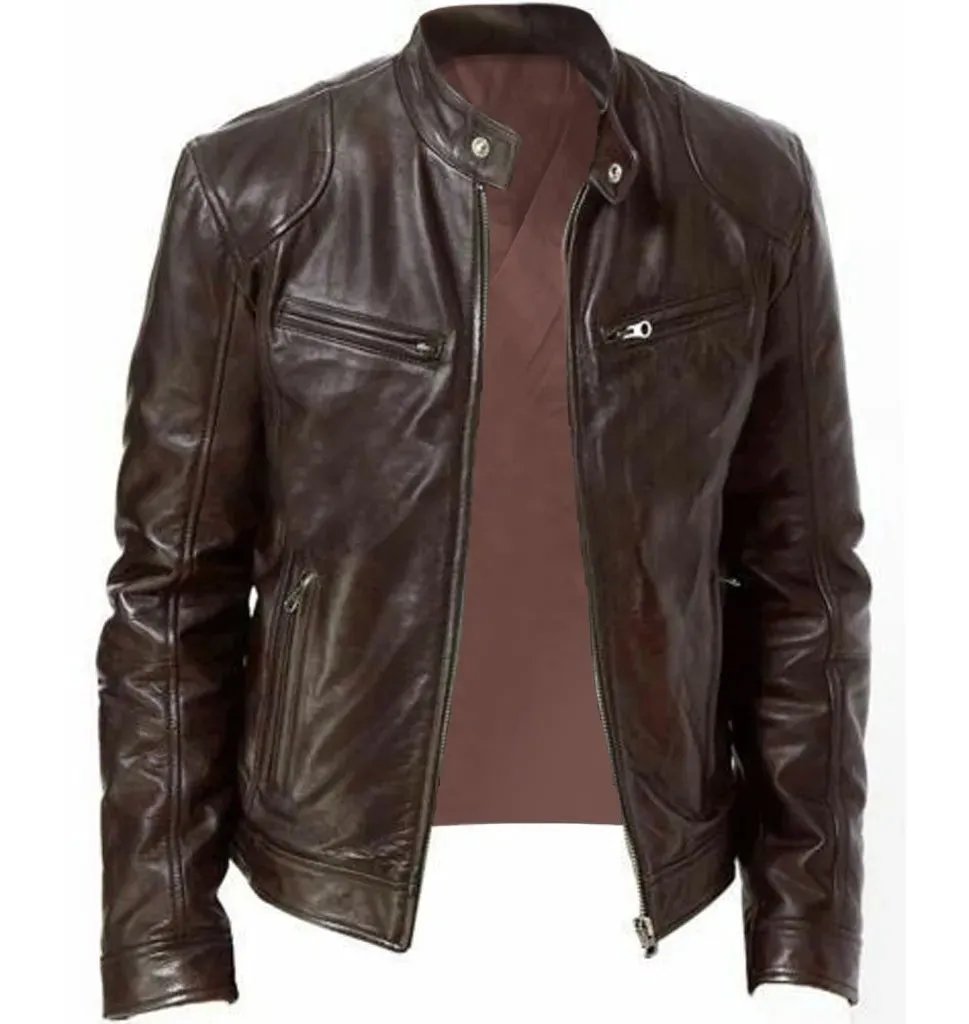 Men Vintage Cool Leather Jacket Fashion Slim Fit Long Sleeve Motorcycle Jacket Autumn Winter New Handsome Stand Collar Club Coat