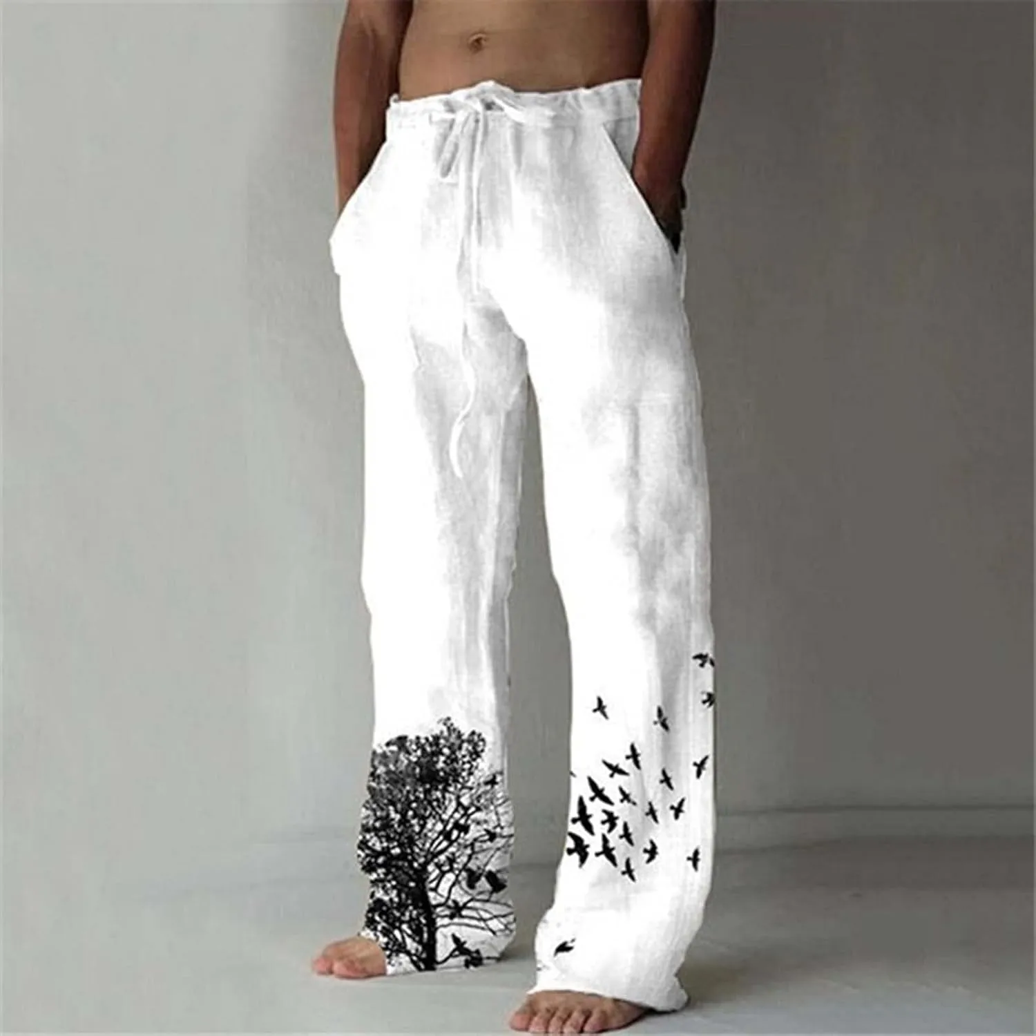 Mens Casual Cotton Linen Pants Print Wide Leg Elastic Waist Sweatpants Drawstring Soft Athletic Lounge Trousers
