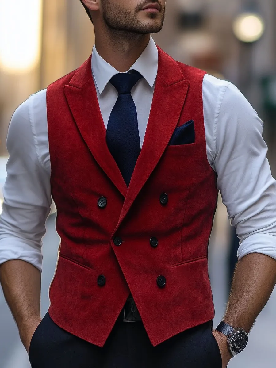 Men's Double Breasted Solid Suede Vintage Vest