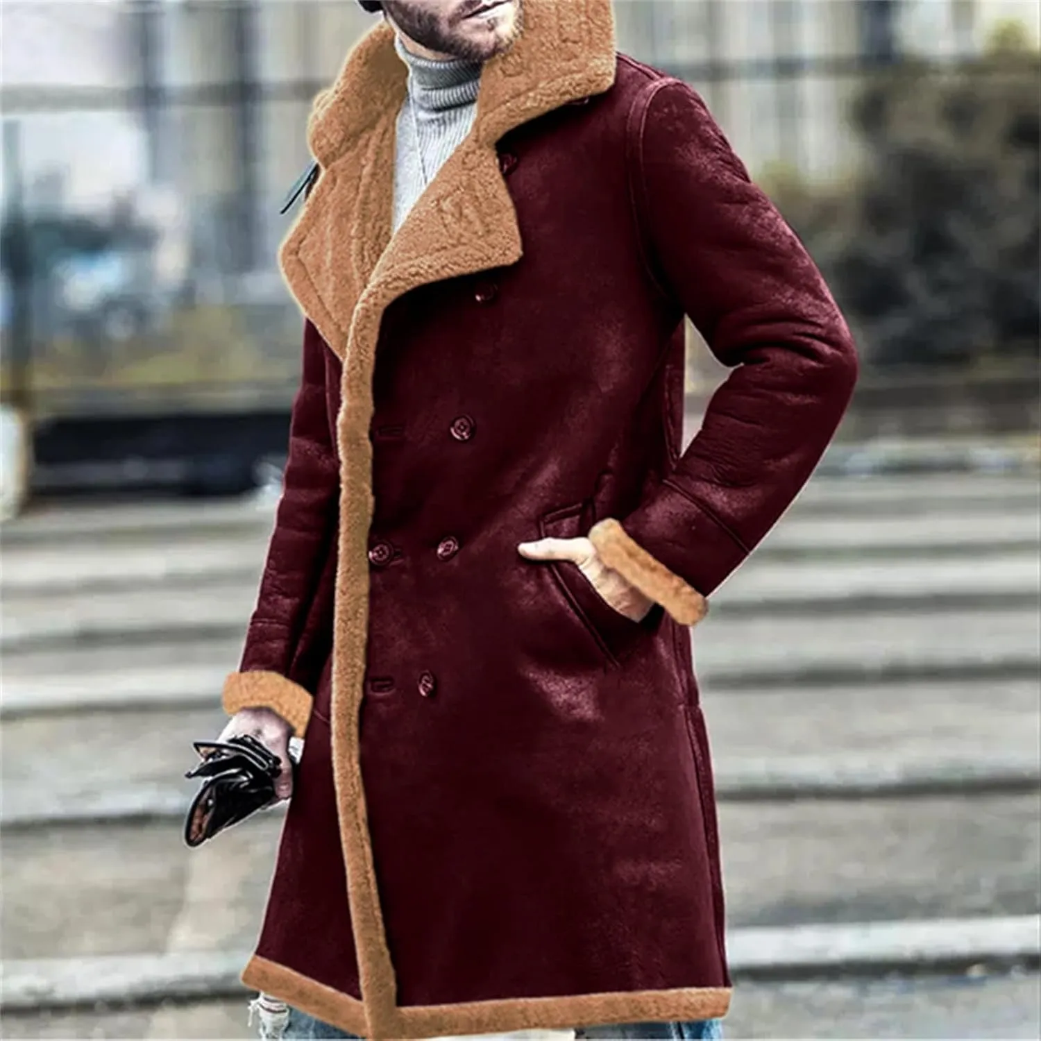 Men's Heavyweight Shearling Leather Coat Vintage Faux Suede Sherpa Lined Sheepskin Jacket Thicken Bomber Jackets