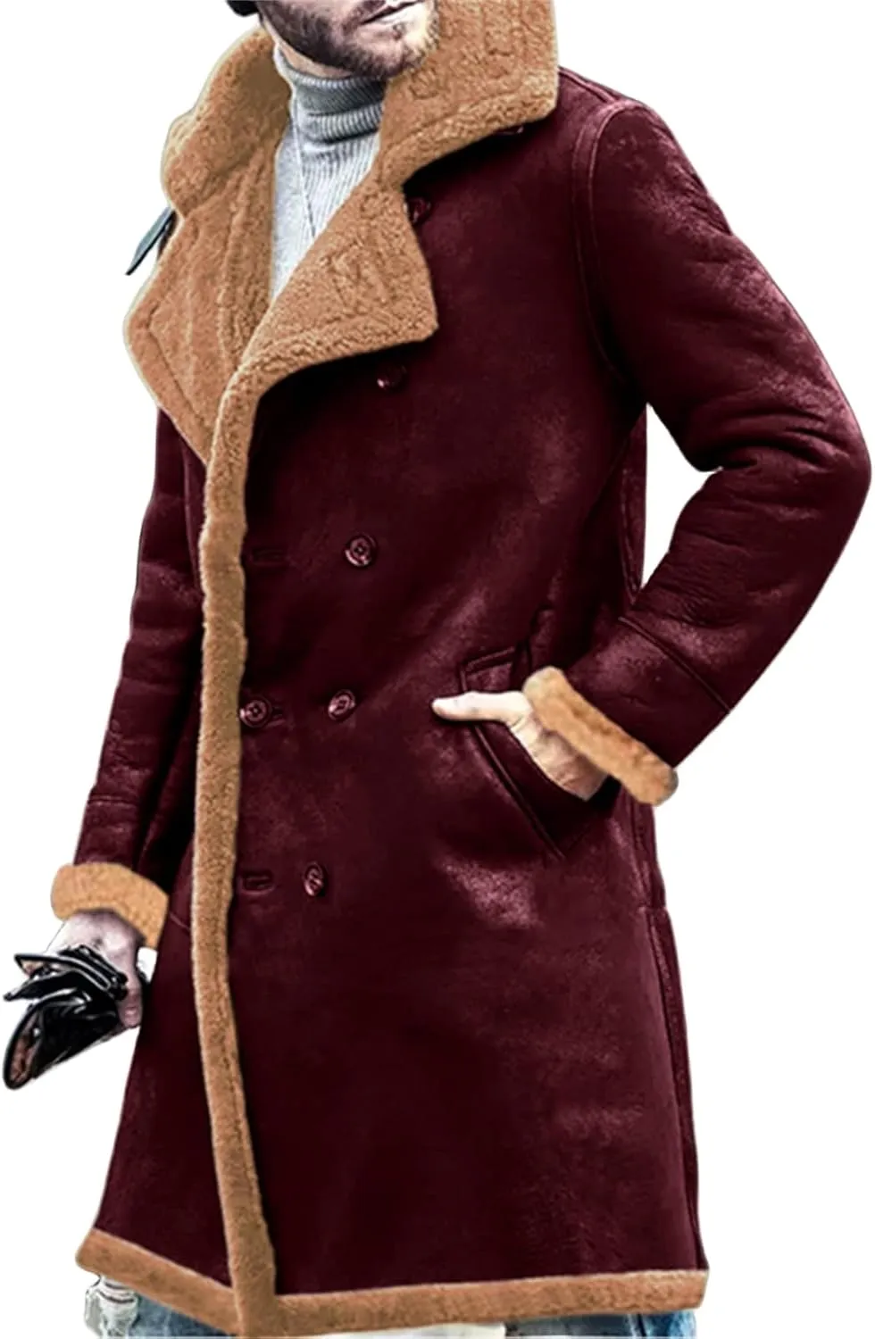 Men's Heavyweight Shearling Leather Coat Vintage Faux Suede Sherpa Lined Sheepskin Jacket Thicken Bomber Jackets