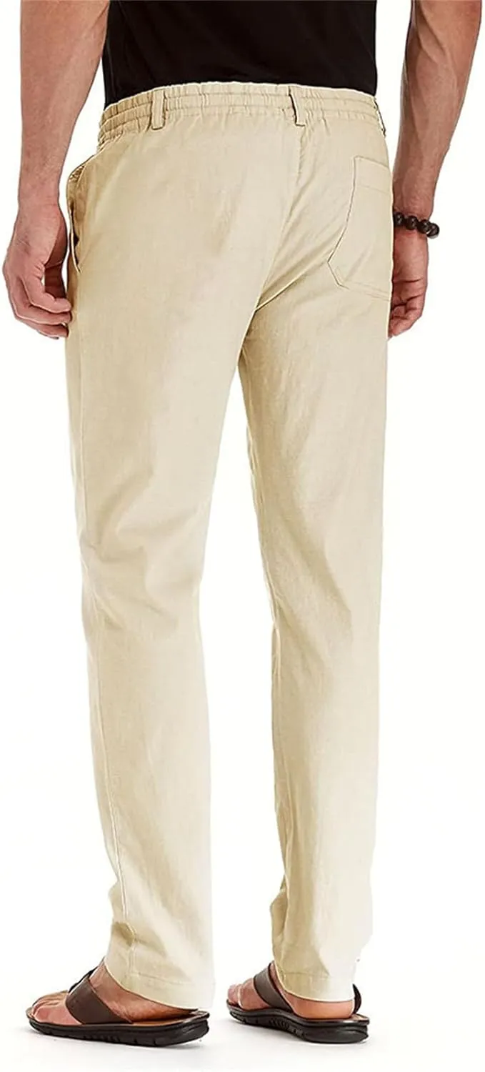 Mens Linen Drawstring Pants Jogger Loose Stretch Sweatpants Soft Elastic Waist Casual Fall Bussiness Trousers