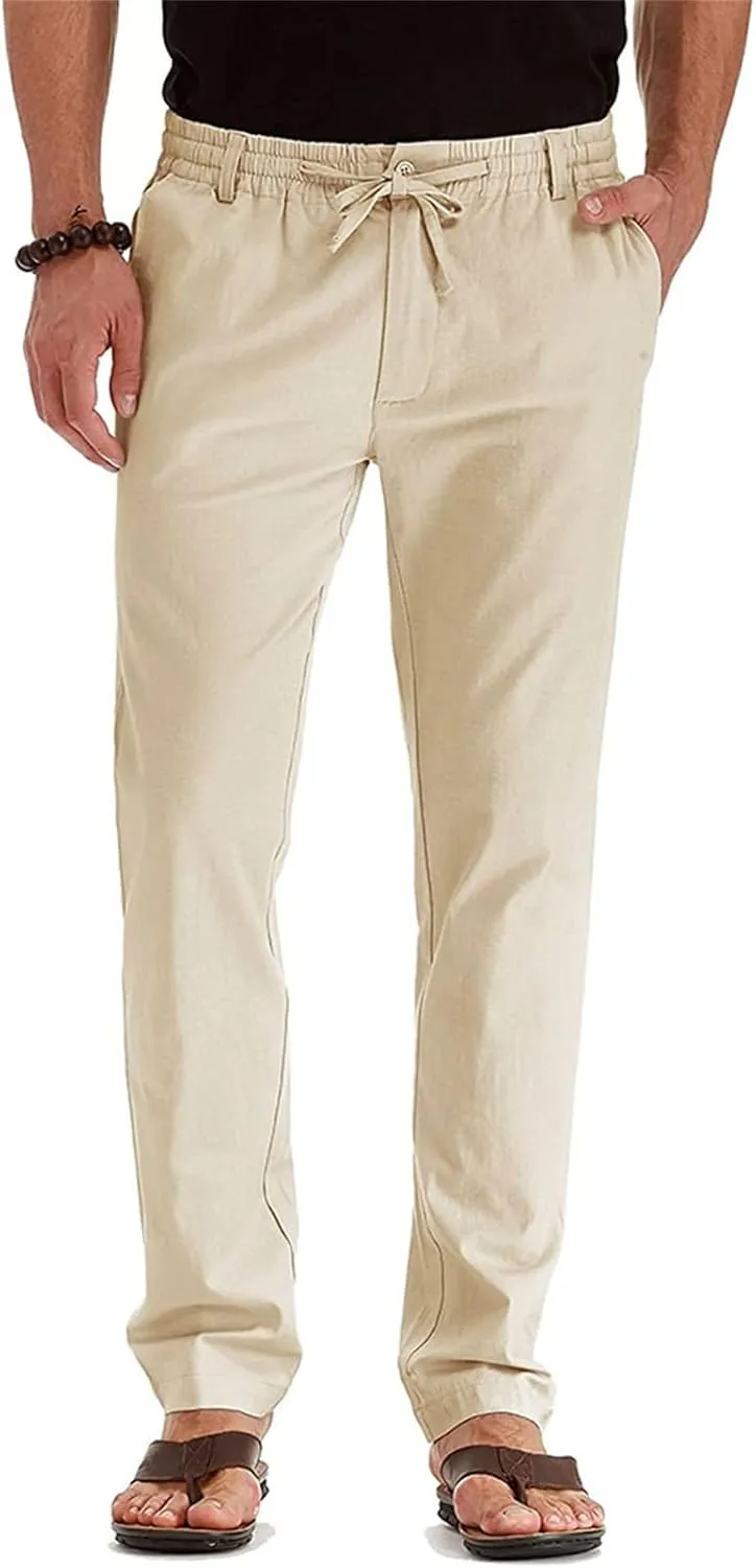 Mens Linen Drawstring Pants Jogger Loose Stretch Sweatpants Soft Elastic Waist Casual Fall Bussiness Trousers