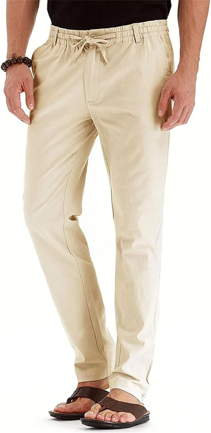 Mens Linen Drawstring Pants Jogger Loose Stretch Sweatpants Soft Elastic Waist Casual Fall Bussiness Trousers