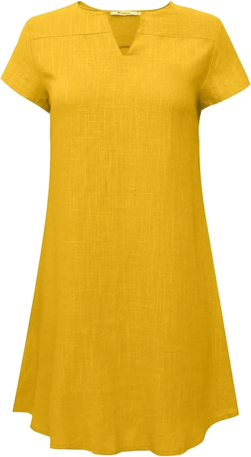 NaRHbrg Dresses for Women 2025 Summer Cotton Linen Solid Dress V Neck Short Sleeve Flowy Tshirt Dress Casual Loose Sundress