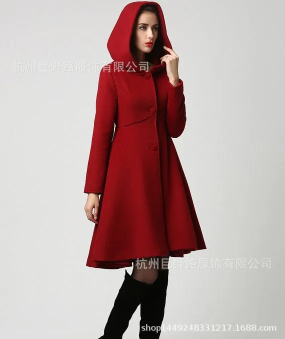 New solid color hooded long swing slim slim fashion simple coat