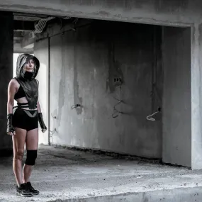 NINJA KOMBAT Techwear Hood Crop Top Vest in Black Leather