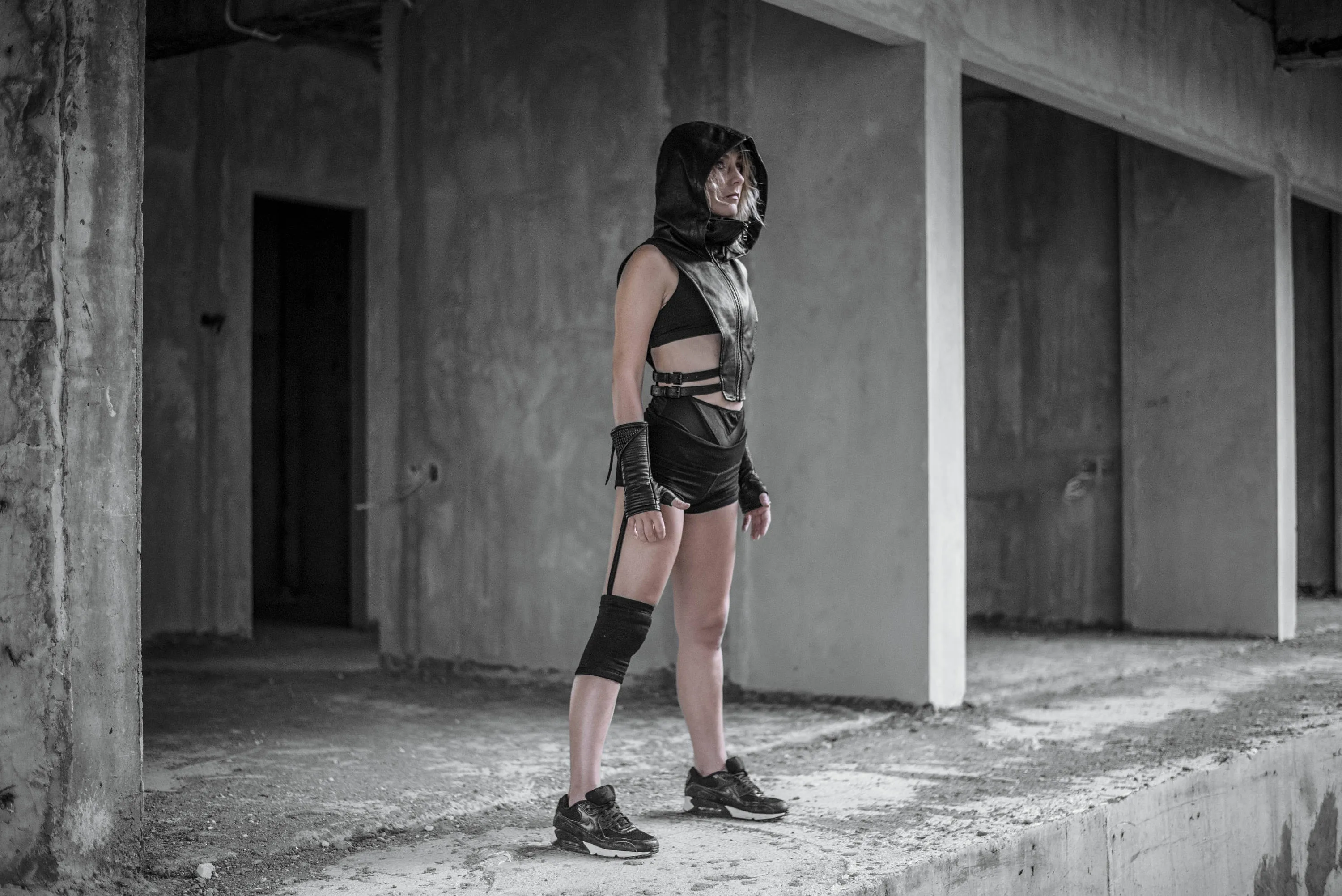 NINJA KOMBAT Techwear Hood Crop Top Vest in Black Leather