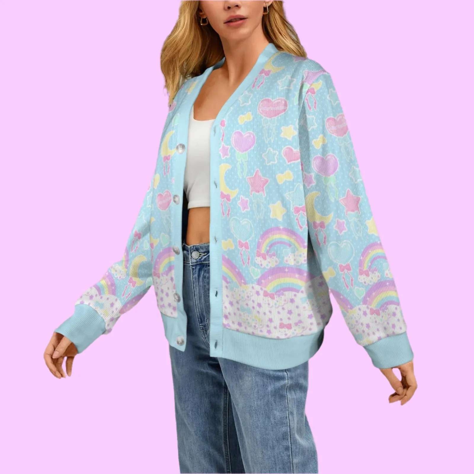 Pastel Party Women's Ribbed Button Up Cardigan (Blue)