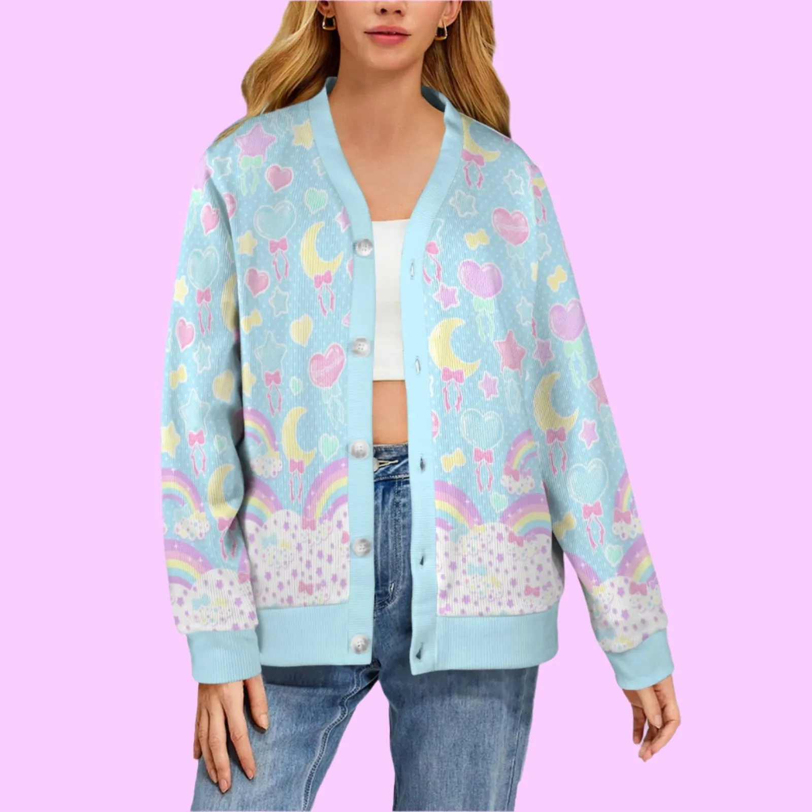 Pastel Party Women's Ribbed Button Up Cardigan (Blue)