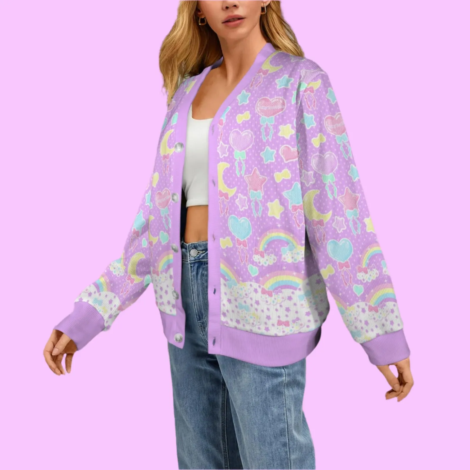 Pastel Party Women's Ribbed Button Up Cardigan (Lavender)