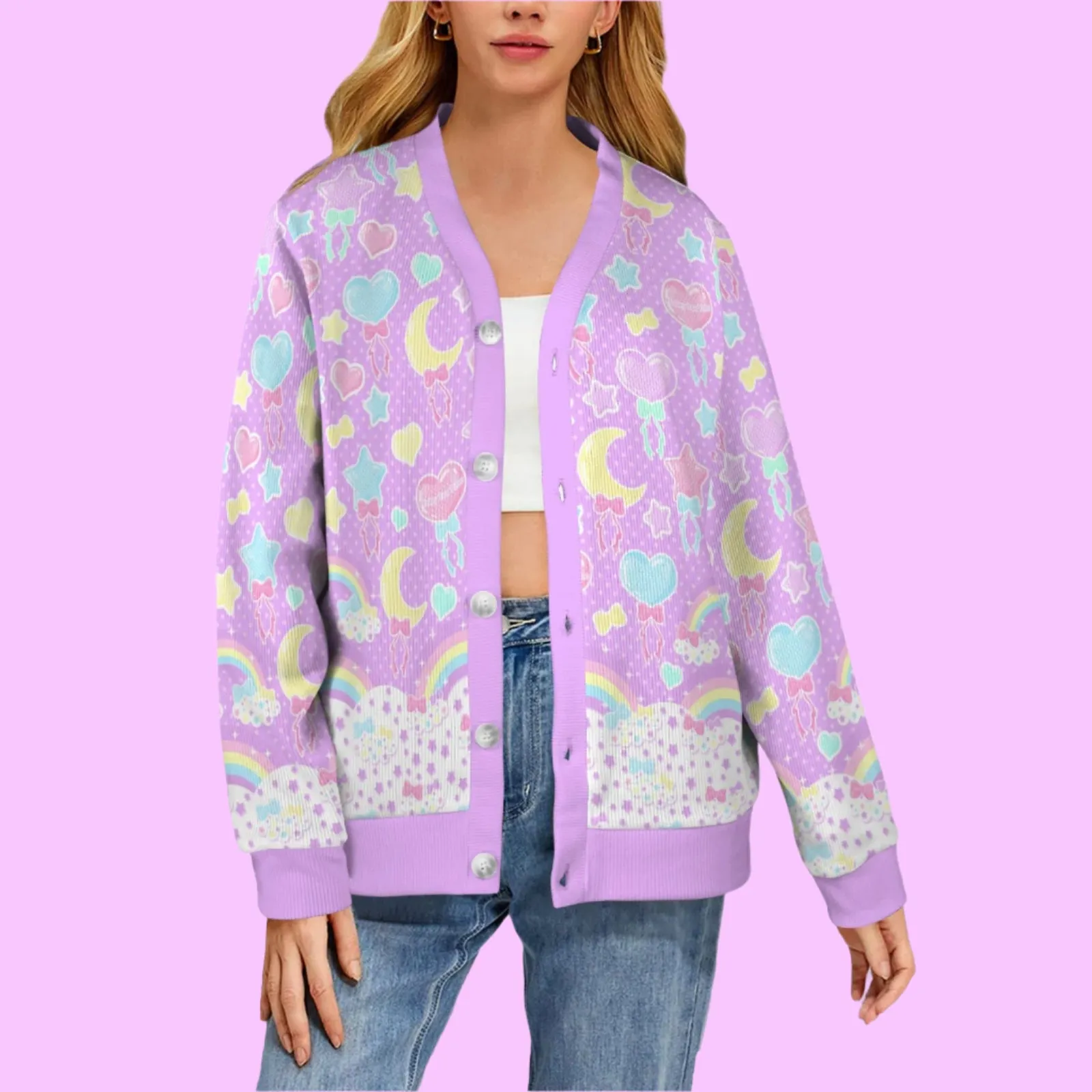 Pastel Party Women's Ribbed Button Up Cardigan (Lavender)