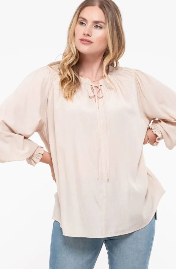 Plus Keyhole Smocked Cuff Blouse in Taupe