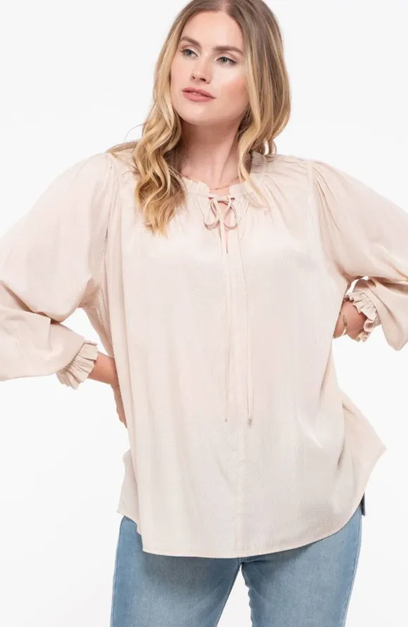 Plus Keyhole Smocked Cuff Blouse in Taupe