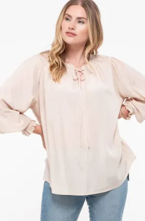 Plus Keyhole Smocked Cuff Blouse in Taupe