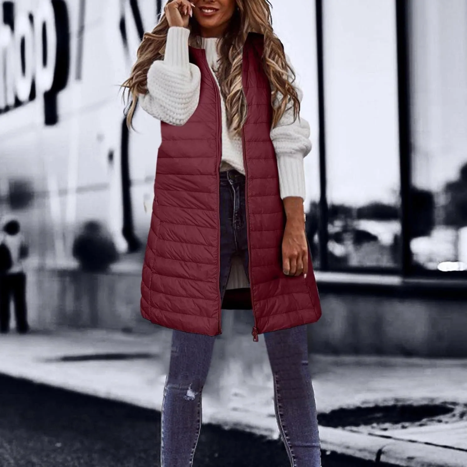 Puffer Vest for Women Sleeveless Round Neck Y2K Mid Length Full Zip Up Plain Down Coat Jacket Autumn Thin Casual with Pocket